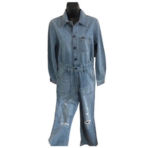 Lee's union-alls distressed blue jeans Cover-alls long sleeve collared jumpsuit - Picture 1 of 9